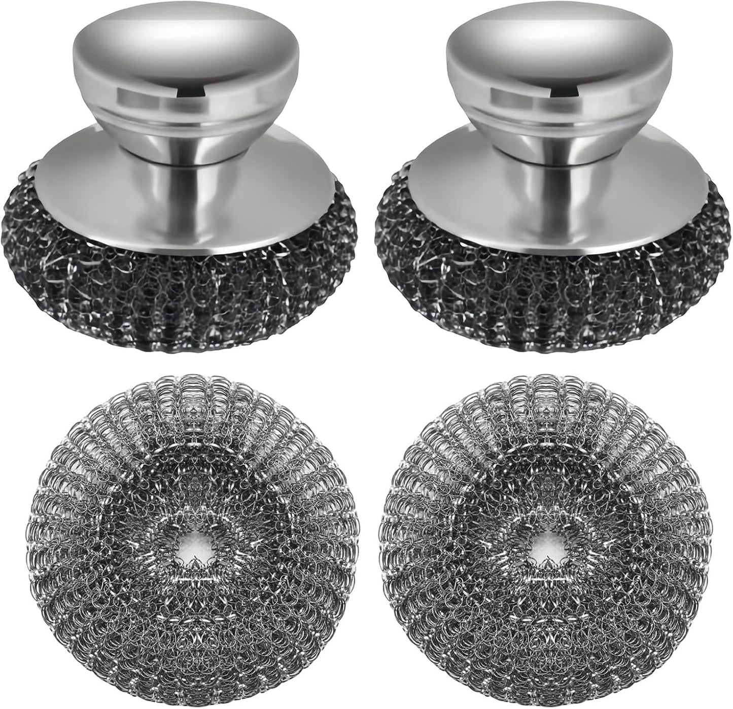 2 Pack Stainless Steel Wool Scrubber with 2 Replacement Pads, Stainless Steel Scrubber with Handle for Cleaning Cast Iron, Pots, Pans, Grill, Stoves, Sink & Cookware