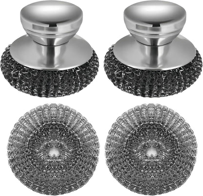 2 Pack Stainless Steel Wool Scrubber with 2 Replacement Pads, Stainless Steel Scrubber with Handle for Cleaning Cast Iron, Pots, Pans, Grill, Stoves, Sink & Cookware