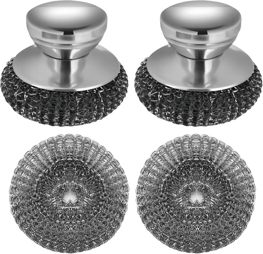 2 Pack Stainless Steel Wool Scrubber with 2 Replacement Pads, Stainless Steel Scrubber with Handle for Cleaning Cast Iron, Pots, Pans, Grill, Stoves, Sink & Cookware