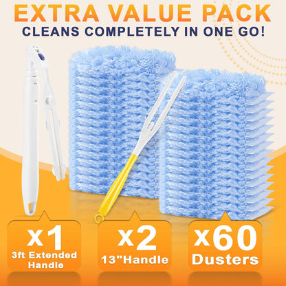 30-Pack Heavy Duty Duster Refills Compatible with Swiffer, 3FT Extendable Handle, 5X Multi-Surface Microfiber Duster for Home, Fans, Blinds, Vents & Car Cleaning