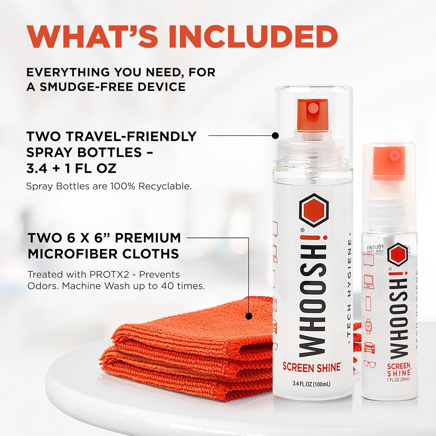 WHOOSH! Screen Shine Duo XL - Screen Cleaner Spray and Wipe for Eyeglasses, Phone & Laptop - Removes Fingerprints - Includes 3.4 oz + 1 oz Leak-Free Bottles & 2 Microfiber Cloths for Home & Travel