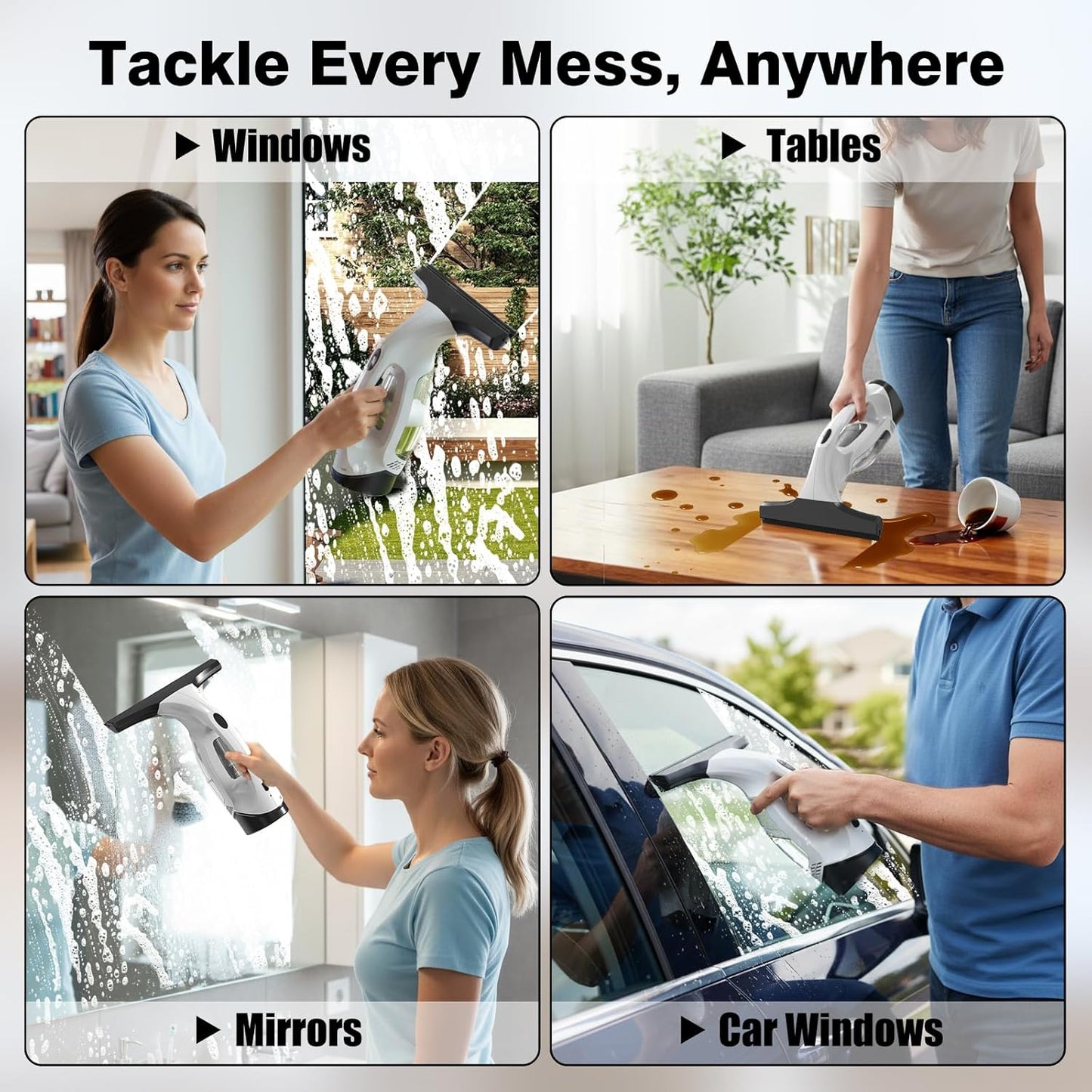 Window Vacuum Squeegee Cordless, 2000Pa Electric Window Cleaner Tool with 2200mAh & 150ml Water Collection Tank, Cleaning Kit Shower Squeegee for Glass Doors, Tiles, Mirrors, Car (White)