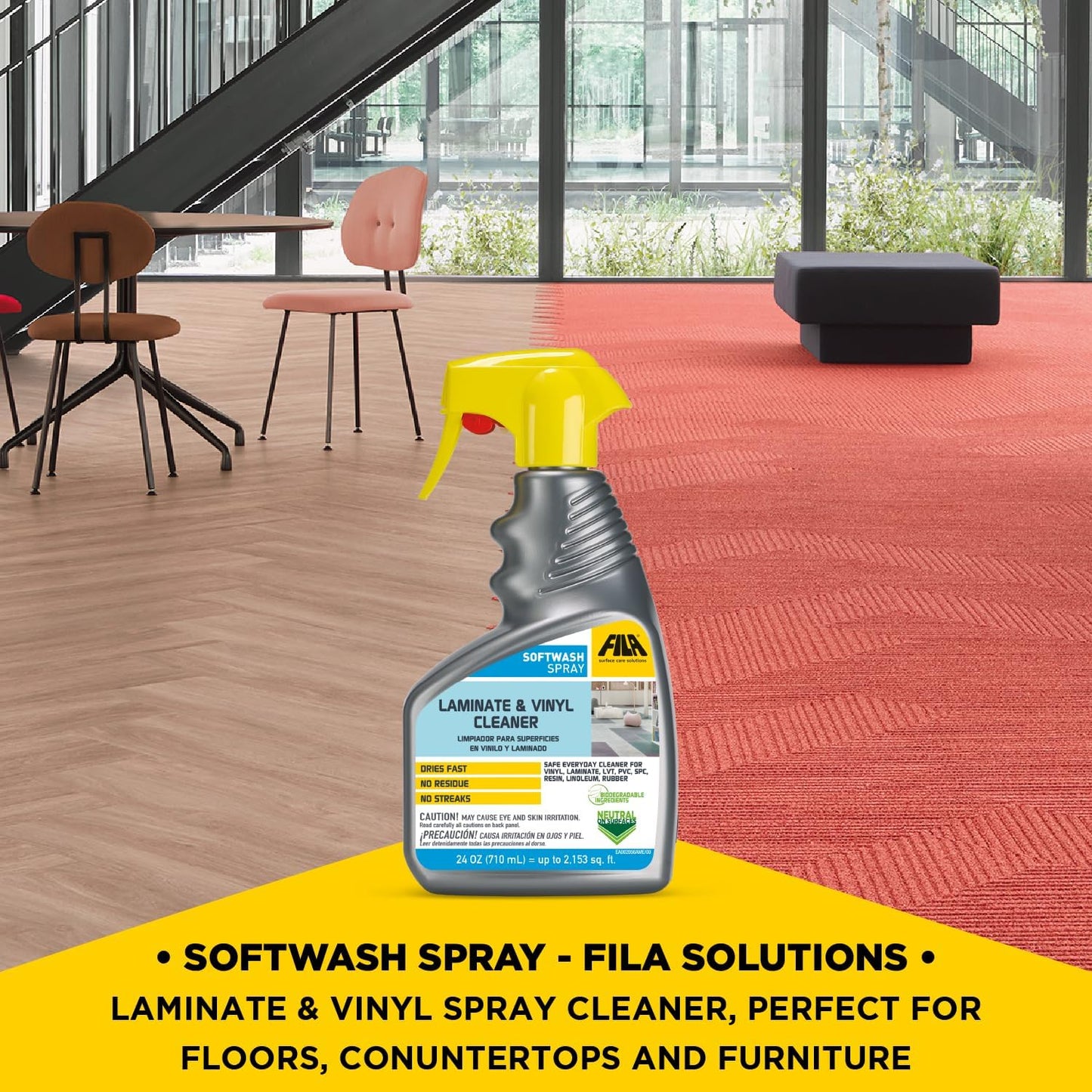 FILA Surface Care Solutions, SOFTWASH SPRAY, Laminate Floor Cleaner and Luxury Vinyl Floor Cleaner, No Rinsing Required for Floor Cleaning, Keeps SPC Floor Looking New, Does not dull Vinyl Tile, 24oz