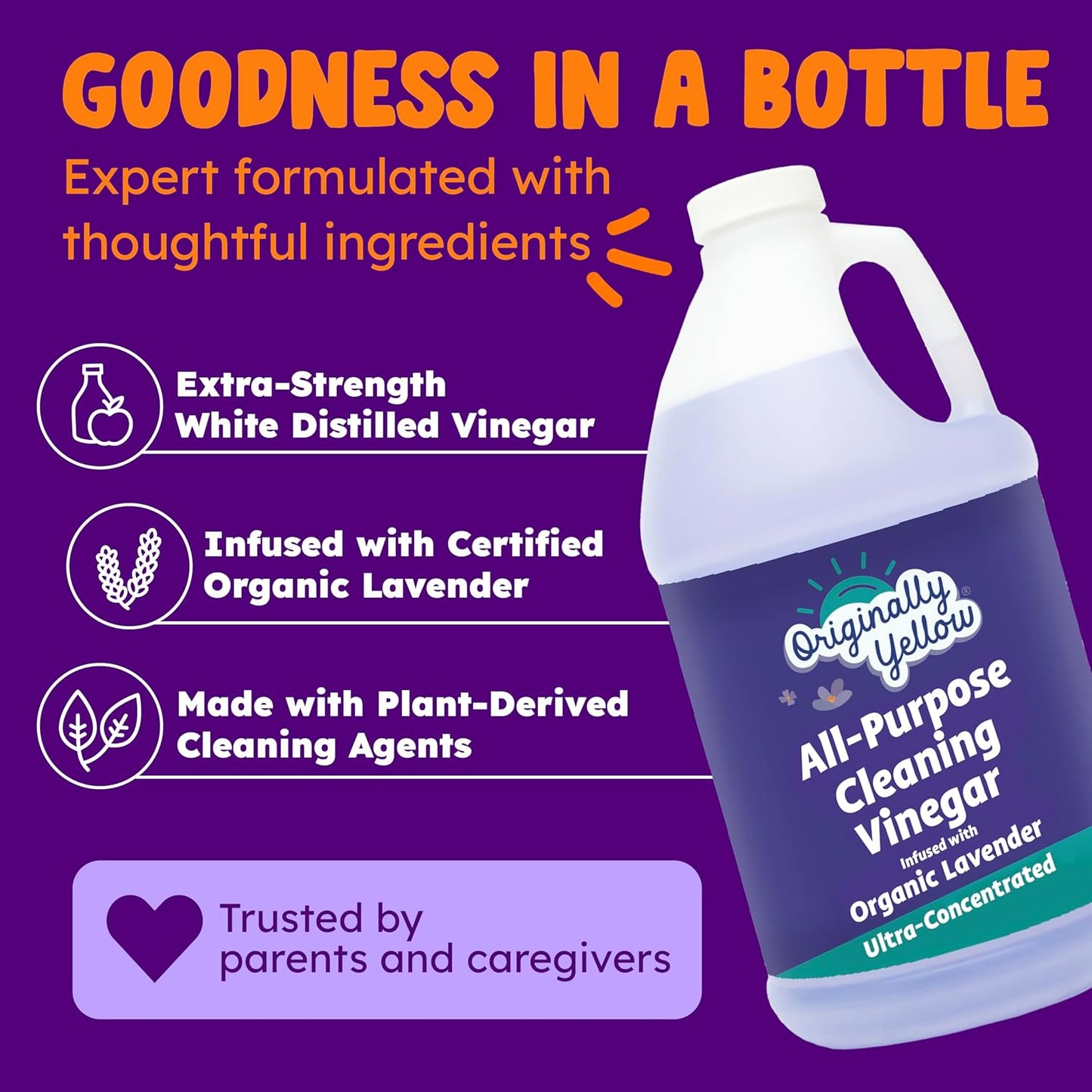 Originally Yellow Lavender White Vinegar For Cleaning Purpose | USA Made All Purpose Cleaner | Use as Glass, Kitchen & Floor Cleaner | Plant Derived Cleaning Vinegar 1 Gallon in 2 pack | 128 Oz