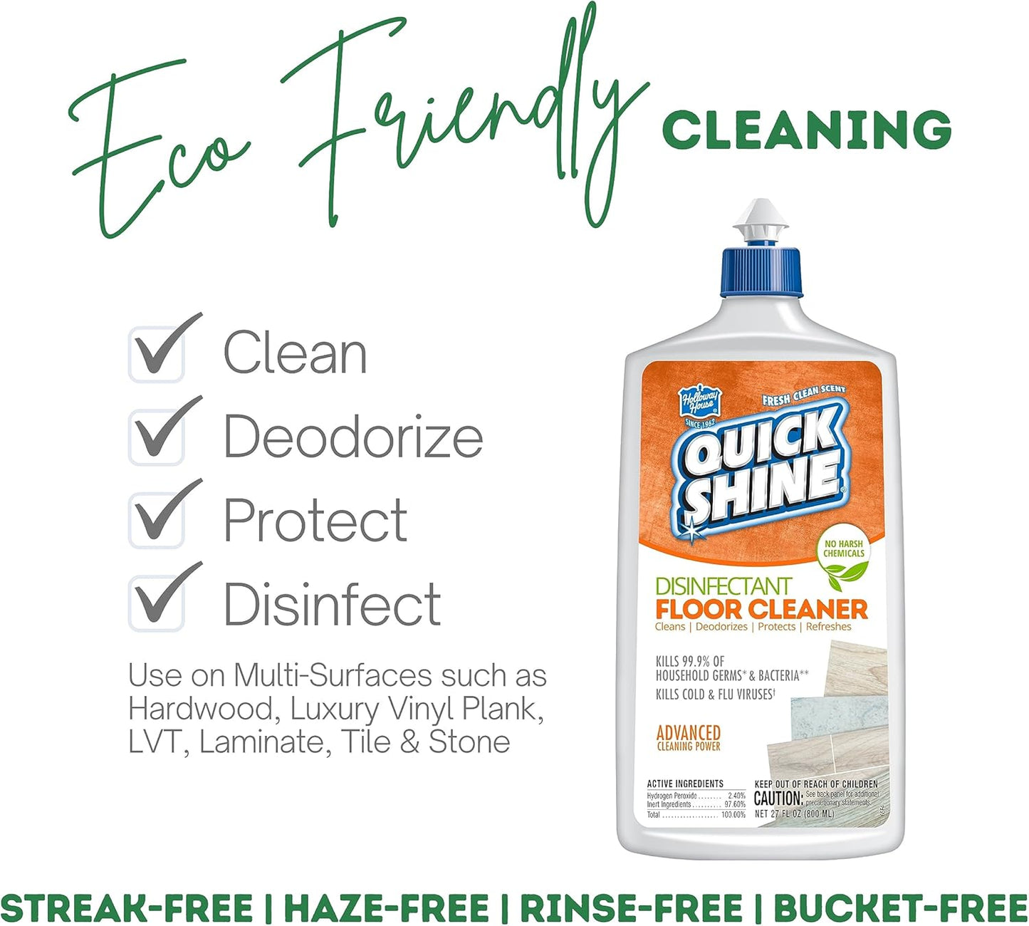 Quick Shine Disinfectant Floor Cleaner 27oz | Hospital Level Disinfectant Kills 99.9% Germs & Bacteria | Cleans w/Power of Hydrogen Peroxide & No Harsh Chemicals | Streak Free & Zero Residue
