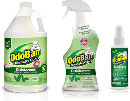OdoBan Ready-to-Use Disinfectant and Odor Eliminator, Set of 3, 4 Ounce Travel Spray, 32 Ounce Spray, 1 Gallon Concentrate, Original Eucalyptus Scent