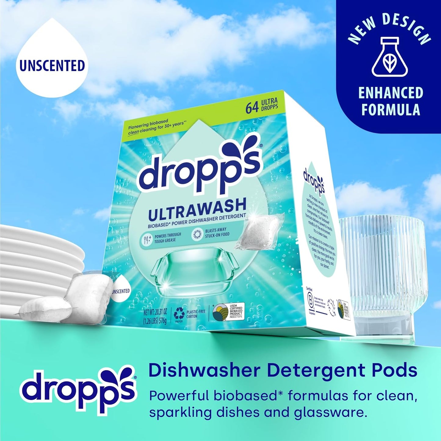 Dropps UltraWash Dishwasher Detergent Pods, Lemon Citrus (32 Ct) - Cuts Grease & Stuck-On Food | Sparkling Dishes & Glasses | Residue-Free | Clean Ingredients | No Pre-Rinse | Plastic Free Packaging