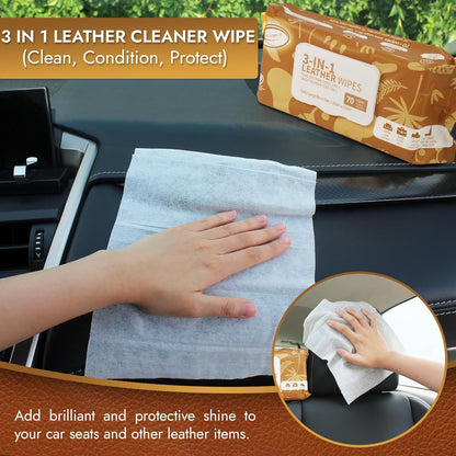 Air Jungles 3in1 Leather Cleaner Wipes 70 Count (Pack of 3), Extra Large 8" x 10" Size, Clean Condition Protect Wipes for Vinyl and Leather Apparel Furniture Auto Car Interior Shoes Boots Bags