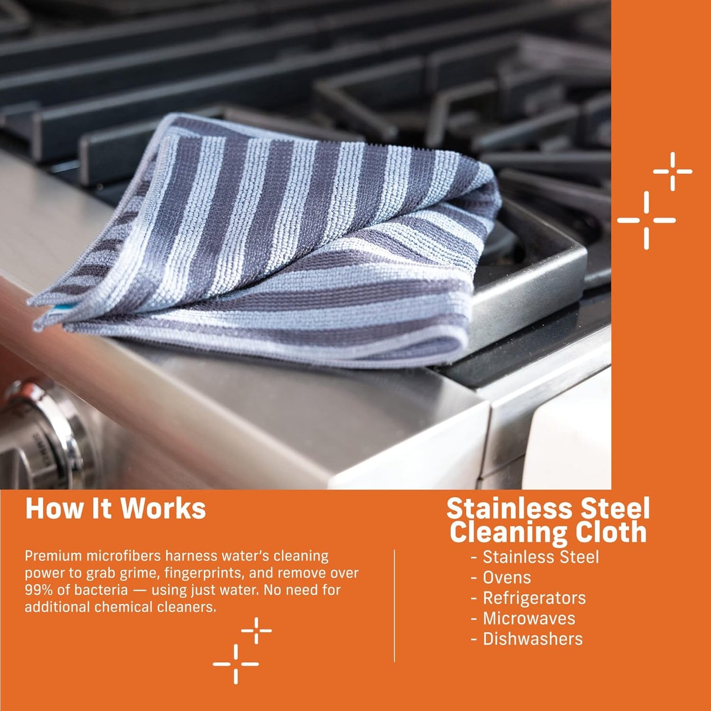 E-Cloth Stainless Steel Microfiber Cleaning Cloth Kit - Stainless Steel Cleaner for Appliances, Oven, Stove, & More - Microfiber Towels for Cars - Reusable Cloths for Cleaning