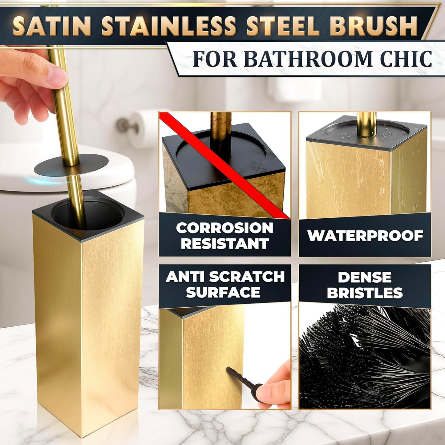Stylish Stainless Steel Toilet Brush and Holder Set - Silver Toilet Bowl Brush and Holder with Splash Cover, Sturdy Bristles, Corrosion & Scratch Resistant - Elegant Design, Effective Deep Cleaning