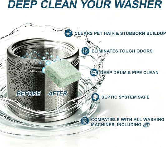 Washing Machine Cleaner Pet-Hair-Remover for Laundry, Cleaning Supplies for Odors and Grime, Safe for Pets, 24 Tablets, 1 Year Supply