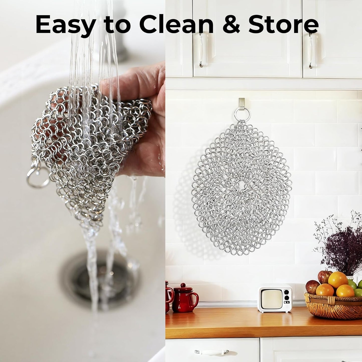 Amagabeli Cast Iron Cleaner 8"x6" Premium Stainless Steel Chainmail Scrubber Cast Iron Skillet Cleaner for Pan Pot Wok Griddles BBQ Grills Cast Iron Cleaning