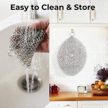 Amagabeli Cast Iron Cleaner 8"x6" Premium Stainless Steel Chainmail Scrubber Cast Iron Skillet Cleaner for Pan Pot Wok Griddles BBQ Grills Cast Iron Cleaning