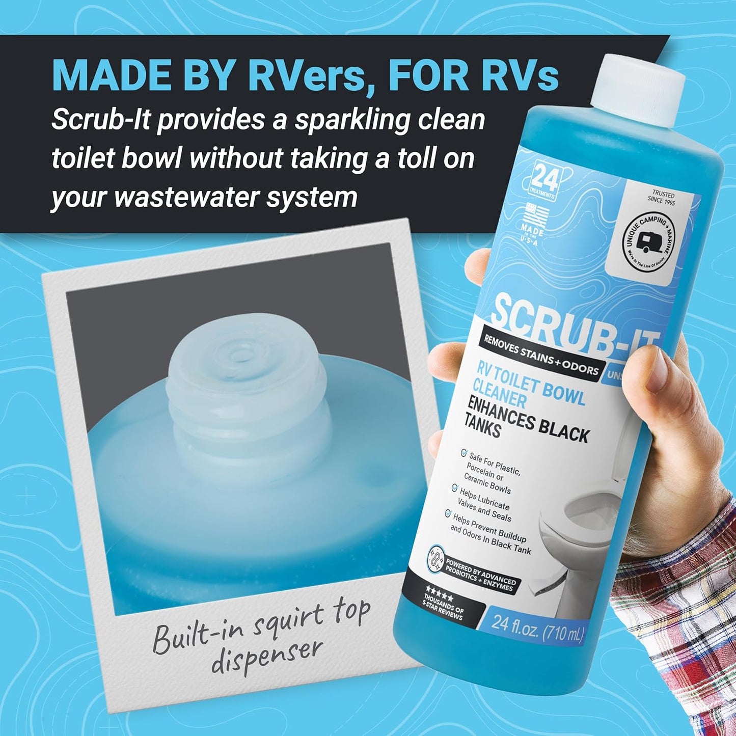 Unique Scrub-It RV Toilet Bowl Cleaner Liquid – RV Toilet Cleaner for Rimless RV Toilets, Squirt Top, Removes Stains & Odors (24 oz) Amazon Exclusive Packaging