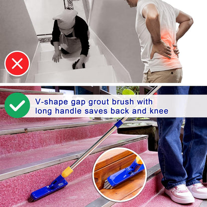 ITTAR Grout Brush with Long Adjustable Handle, Swivel Scrub Brush, V-Shape Grout Line Scrubber with Stiff Bristle for Deep Cleaning Tile Grout, Shower, Kitchen, Hard-to-Reach Corners