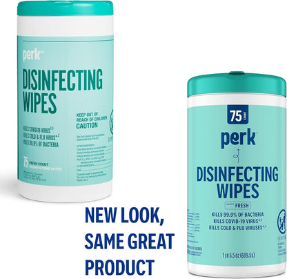 Perk Disinfecting Wipes, Lemon Scent, 75 Wipes/Canister — Multi‑Surface Cleaning Wipes for Home, Office & Classroom