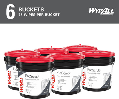 WypAll PowerClean ProScrub Heavy Duty Wet Towels (91371), Dual Action Cleaning, Large 9.5" x 12" Wipes, Bucket Included (6 Containers of 75 Sheets, 450 Sheet Total)