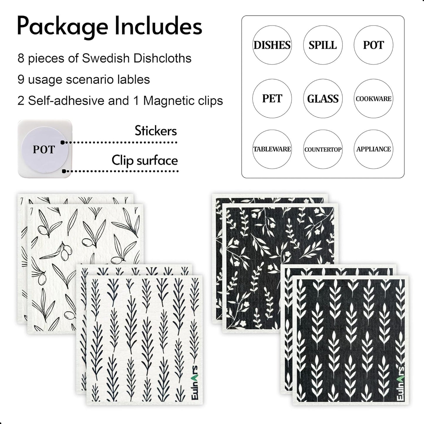 Eulnars Swedish Dishcloths for Kitchen, 8 Pack Reusable Paper Towels with Clips, Non-Scratch Swedish Kitchen Towels, Super Absorbent Cellulose Sponge Cloths, Dishwasher Safe, No Odor