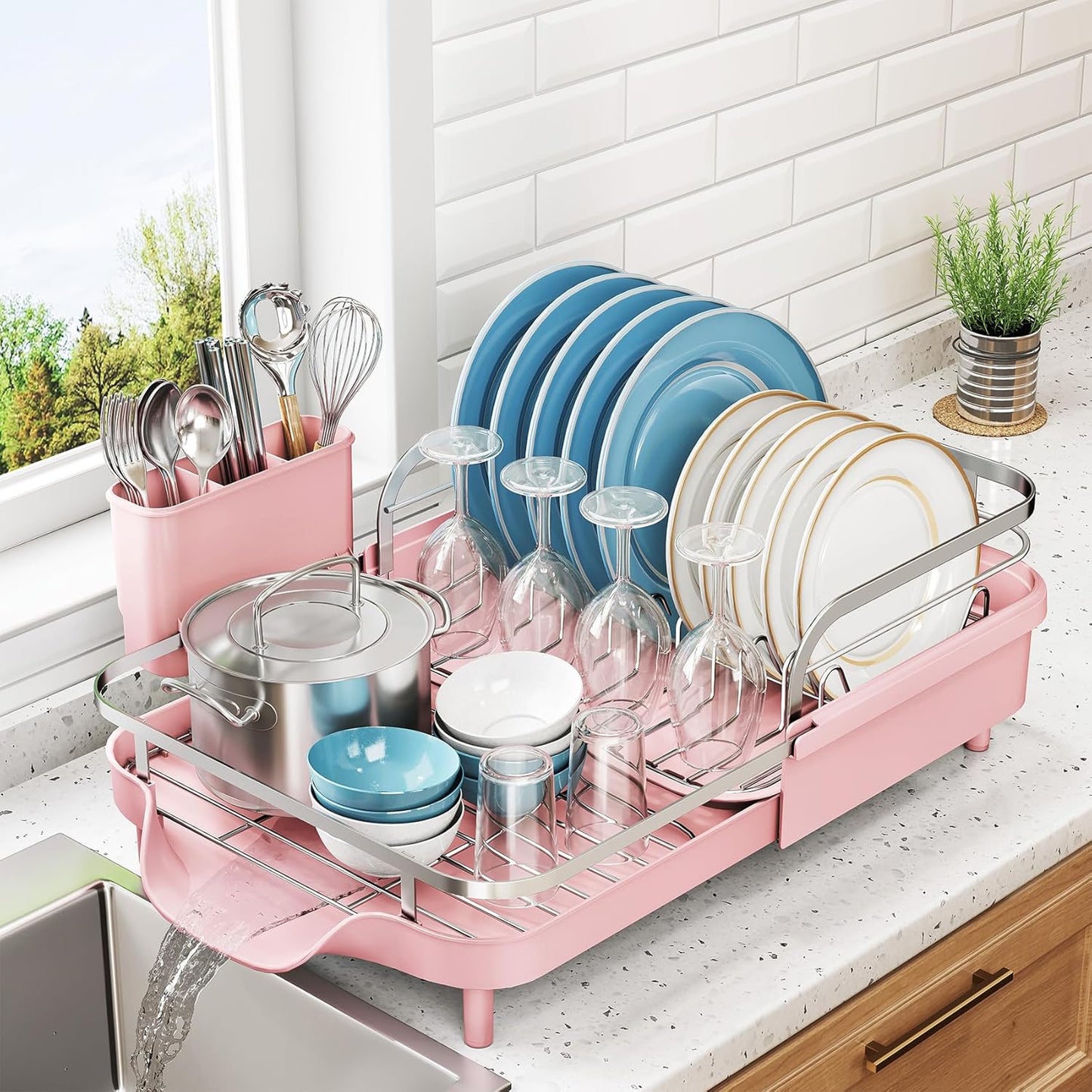 SNTD Dish Drying Rack, Expandable Dish Rack for Kitchen Counter, Stainless Steel Dish Drainer with Drainboard Set and Utensil Holder (Black)
