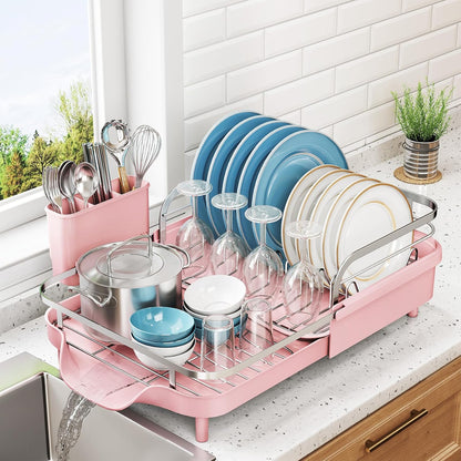 SNTD Dish Drying Rack, Expandable Dish Rack for Kitchen Counter, Stainless Steel Dish Drainer with Drainboard Set and Utensil Holder (Black)