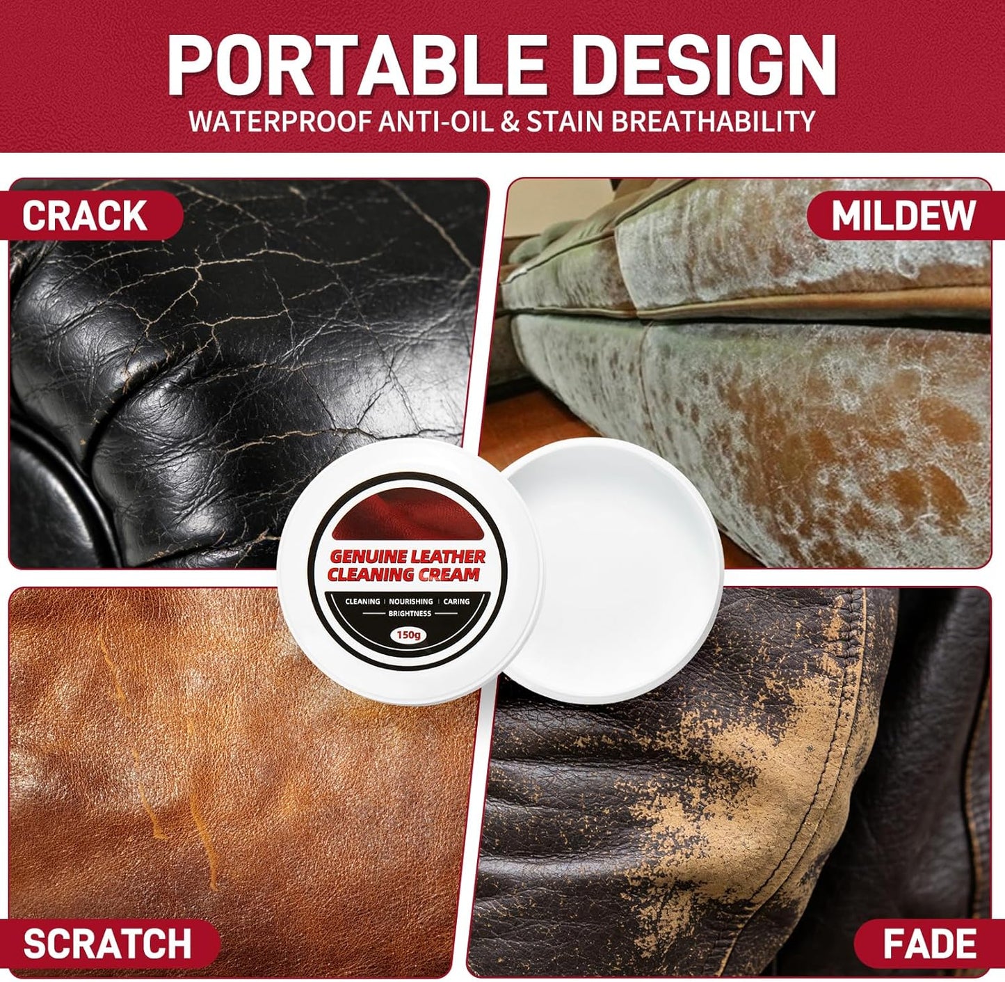 Leather Cleaner Cream & Repair Cream， Leather Cleaner and Conditioner for Car Seats and Interiors -Use on Repair Conditioning Salve for Furniture,Couches,Car Interiors,Shoes,Purse Bags (150g)