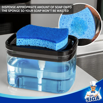MR.SIGA Dish Soap Dispenser for Kitchen,2 in 1 Premium Sponge Holder, Dishwashing Soap Pump Dispenser for Countertop, Black