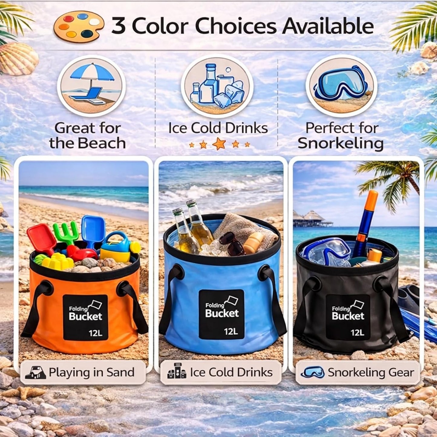 3 Pcs Collapsible Bucket Foldable Bucket with Handle, Cleaning Tools for Camping Fishing Hiking to Hold Water with Carry Bag Multiple Use Portable Lightweight (12L,Blue)
