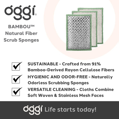 OGGI Bambou Odor-Free Scrubbing Sponges - Natural Scrub Sponges for Dishes, 91% Bamboo-Derived Rayon Cellulose Fiber, Reusable, Absorbent, Durable Scrubbers, Non-Scratch, Washable - 3 pcs, 7x4