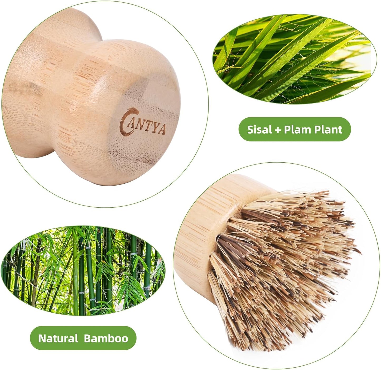 Bamboo Dish Brush with Handle - Soft Bristle, Non Toxic Dish Scrubber Compostable & Sustainable Bamboo Scrub Brush for Dishes, Pots and Pans