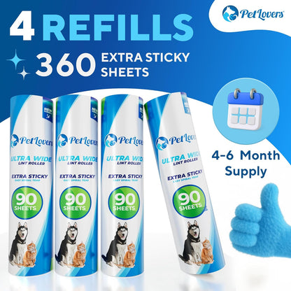 PetLovers Extra Sticky Lint Roller Mega Value Set 450 Sheets for Pet Hair Removal and Clothes, Dog and Cat Lint Remover 5 Pack