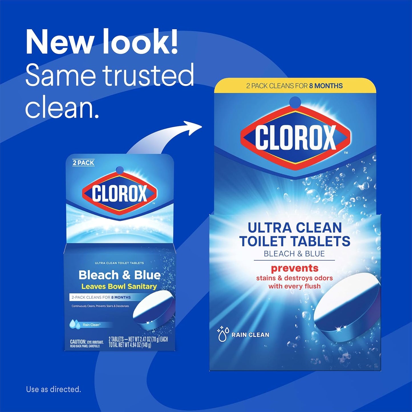 Clorox Ultra Clean Toilet Tablets Bleach & Blue, Rain Clean Scent, 2.47 Ounces Each, 4 Count (Package May Vary)
