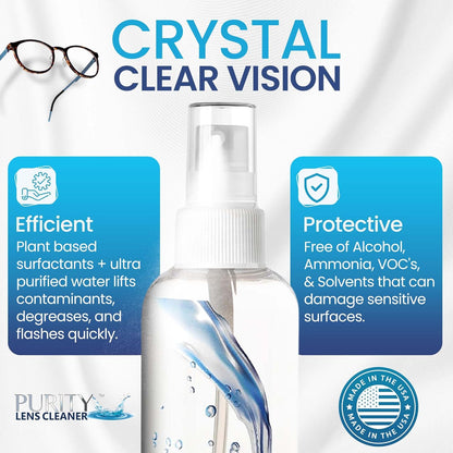 Purity Eyeglass Lens Cleaner Kit - 2 x 8oz and 1 x 2oz Lens Cleaner Spray Bottle + 2 Microfiber Cleaning Cloths - Safe for All Lenses (AR Coated Included), Eyeglasses and Screens - Clear