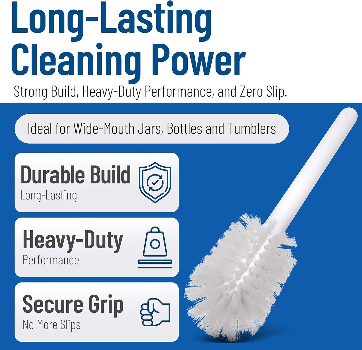 SPARTA Large Water Bottle Brush Ideal for Wide-Mouth Jars, Bottles and Tumblers, Dishwashing Tool with Handle for Home and Commercial Kitchens, Plastic, 12 Inches, White