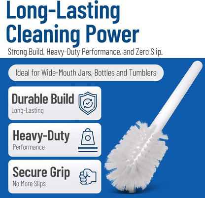 SPARTA Large Water Bottle Brush Ideal for Wide-Mouth Jars, Bottles and Tumblers, Dishwashing Tool with Handle for Home and Commercial Kitchens, Plastic, 12 Inches, White