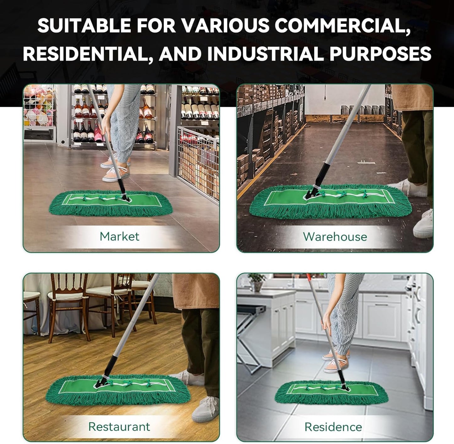 36 Inch Dust Mop Head: Replacement Medium Washable Commercial Mop Head Sweeper and Janitorial Replacement Green (Green - 36 Inch, 3 Pack)