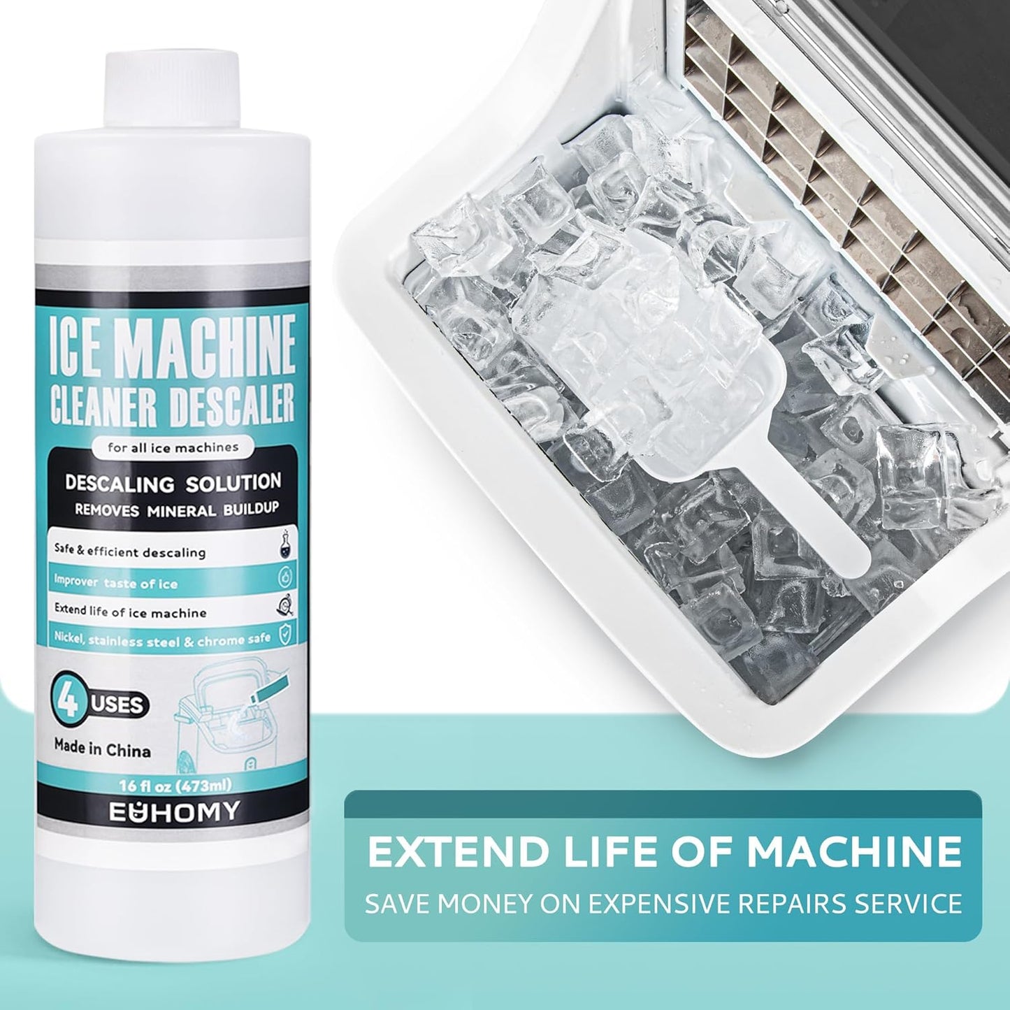EUHOMY Ice Machine Cleaner Descaler, 16 Fl OZ Ice Maker Cleaner (4 Uses Per Bottle), Ideal Universal Descaling Solution for All Brands Ice Maker, Single Use Coffee and Espresso Machines