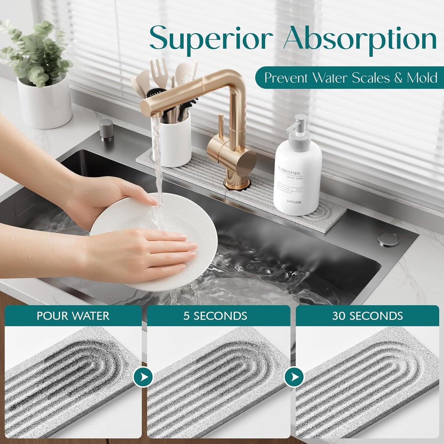 Eormoe Faucet Mat for Kitchen Sink – Diatomite Stone Drying Mat & Sink Protectors, Prevent Moisture – Sink Splash Guard Water-Absorbing Stone Tray for Bathroom Counter (Light Grey, 23.6" x 3.9")