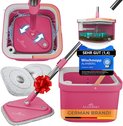 Spin Mop and Bucket Set with Wringer – Dual-Chamber Self Wringing Mop, Flat Microfiber Mop for Hardwood, Tile & Vinyl Floors, 2 Washable Replacement Heads, 63" Handle, Pink
