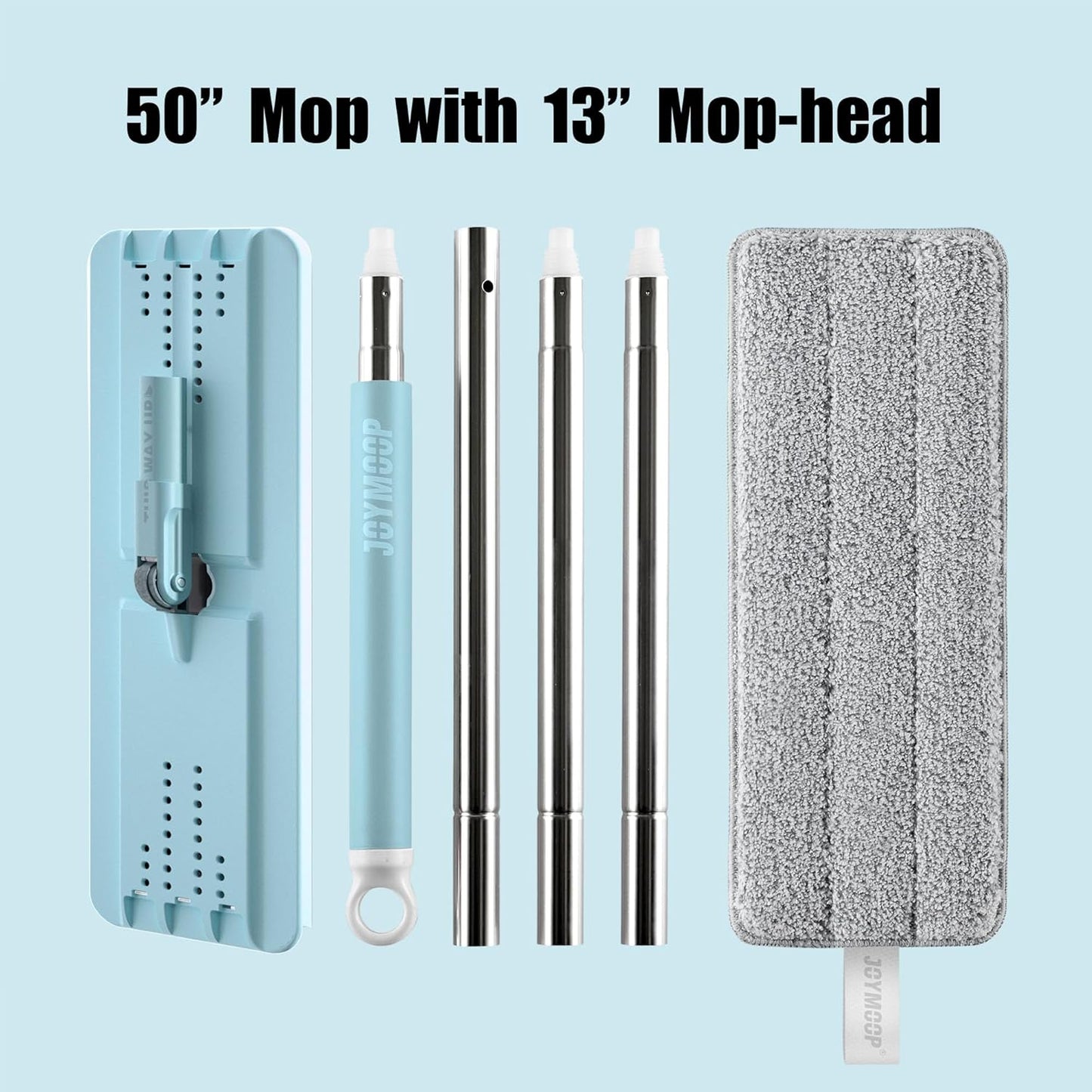 JOYMOOP Flat Mops, Microfiber Mop for Floor Cleaning and Wall Cleaner, 50" Mop Handle with Flexible 13" Flat Head with a Microfiber Mop Pad - White