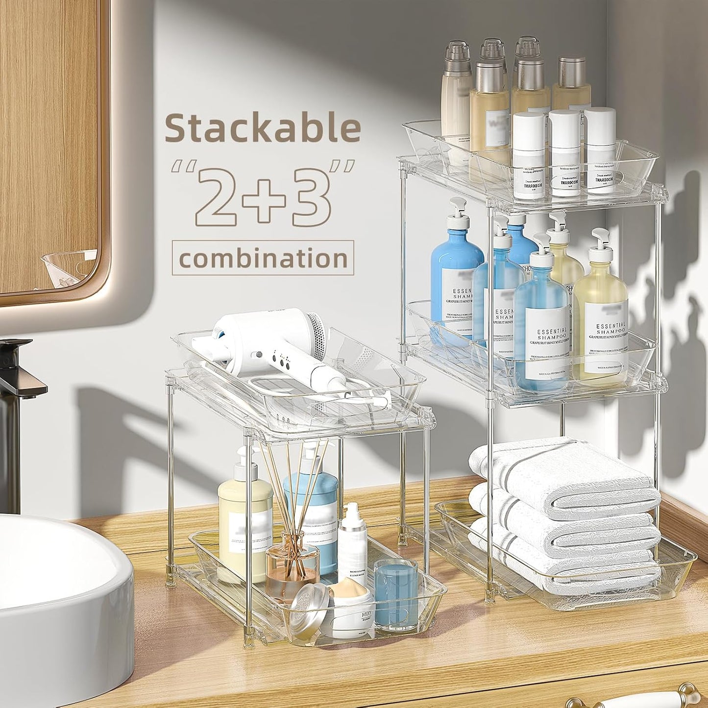 Sevenblue 4 Pack Under Sink Organizer, Bathroom Organizers and Storage, 2 Tier Multi-Use Pull Out Cabinet Organizer with Hang Hooks and Cups (Black, 4 Pack)