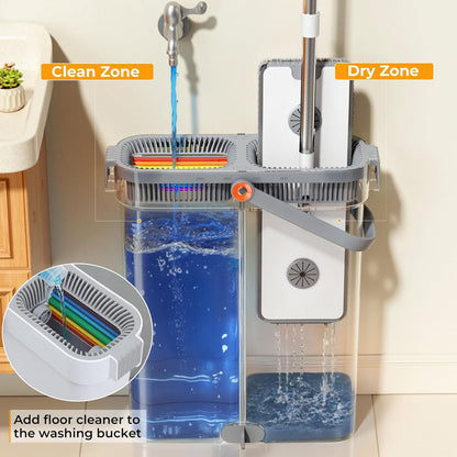 Spreezy Mop and Bucket Set, Hands-Free Flat Mop System with Wringer, Wet and Dry Using, Separate Wash & Wring Zone, Household, 4 Reusable Microfiber Pads for Floor Cleaning, Fits into Narrow Spaces