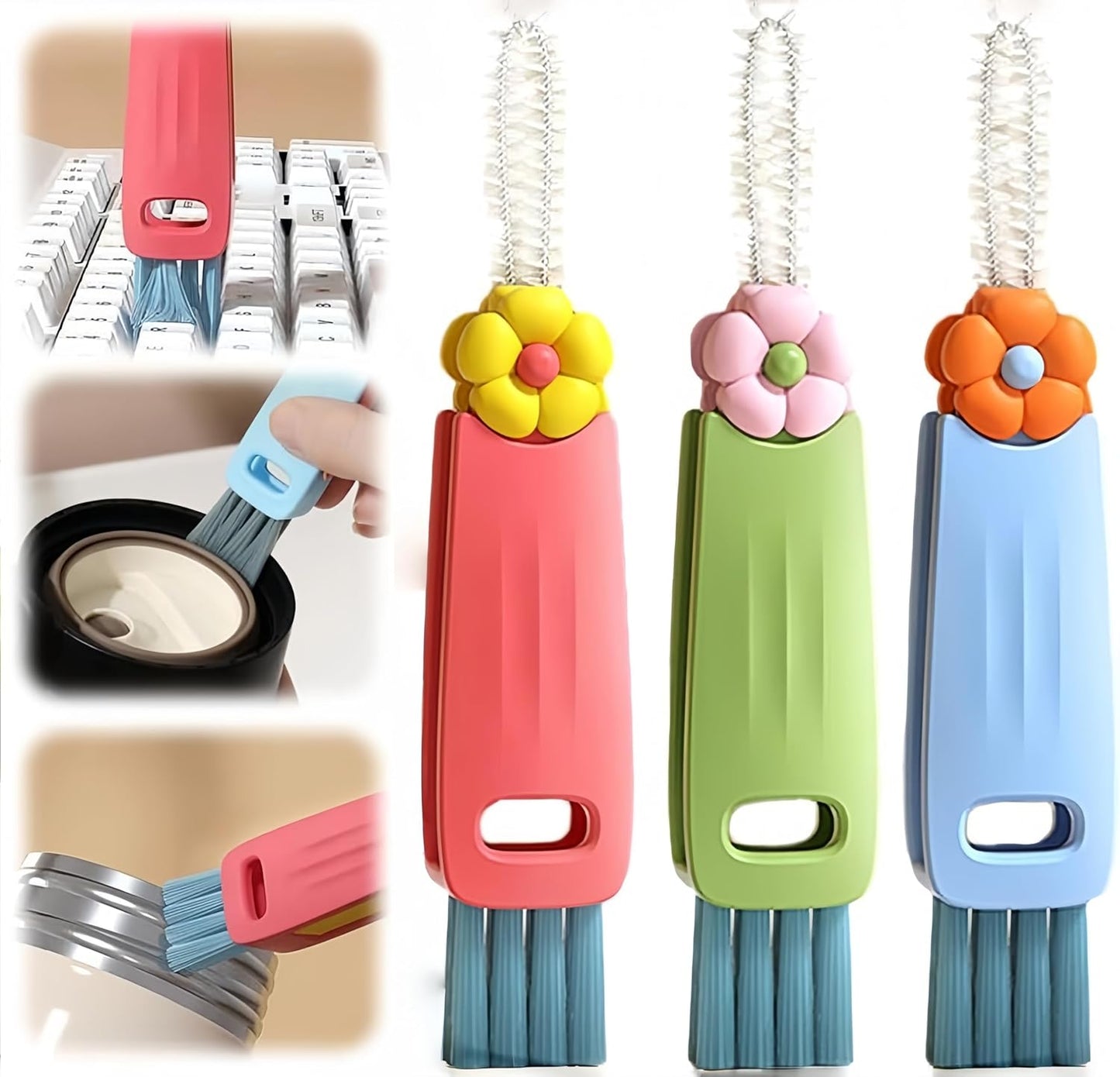 4-in-1 Bottle Cleaning Brush Set, Multifunction Silicone Cup Lid Gap Cleaner, Home Kitchen Crevice Cleaning Tools, 3 Pcs, Multicolor