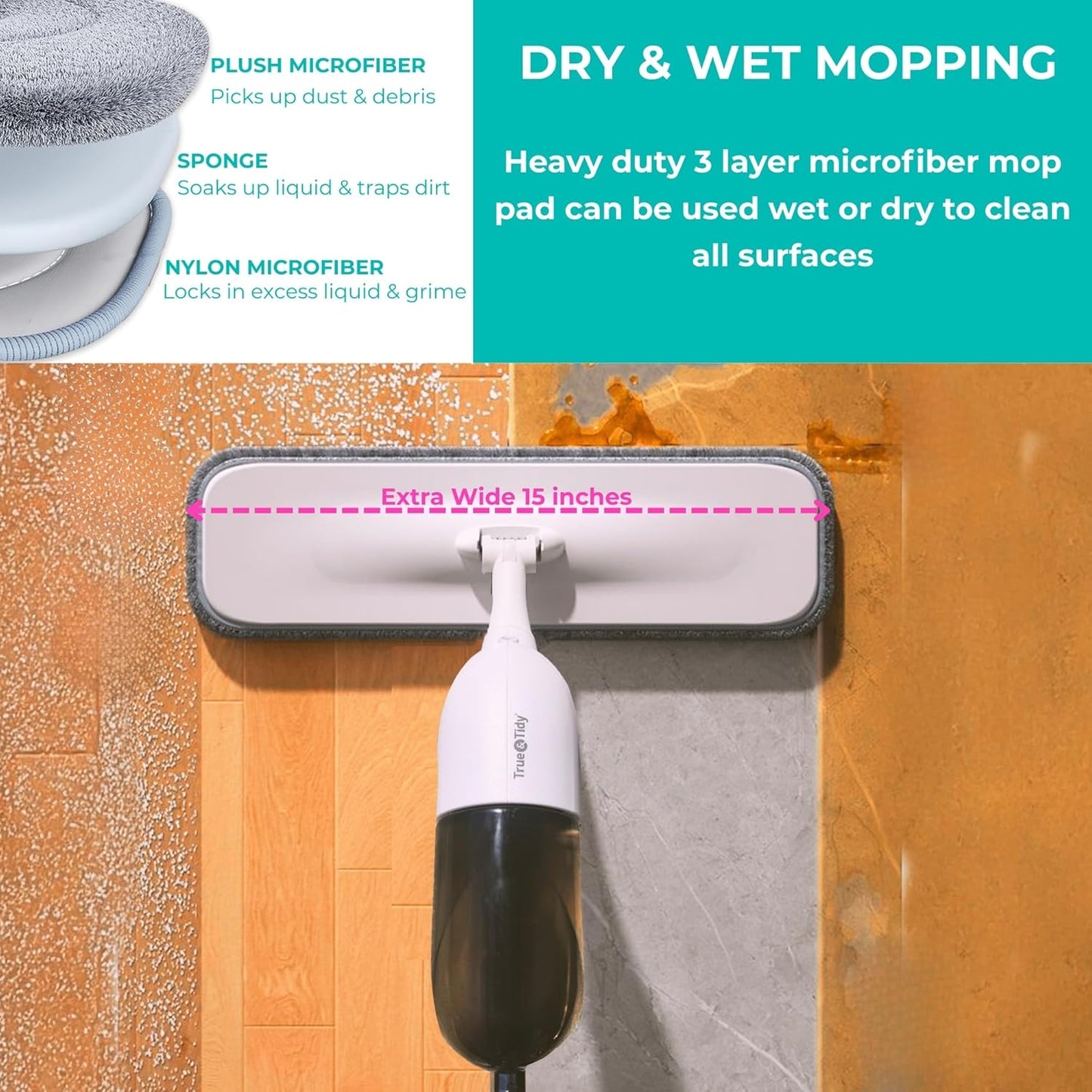 True & Tidy® Clean Everywhere Spray Mop Kit with 3 Interchangeable Heads & Refillable Tank - Flat, Round, Squeegee (Pink)