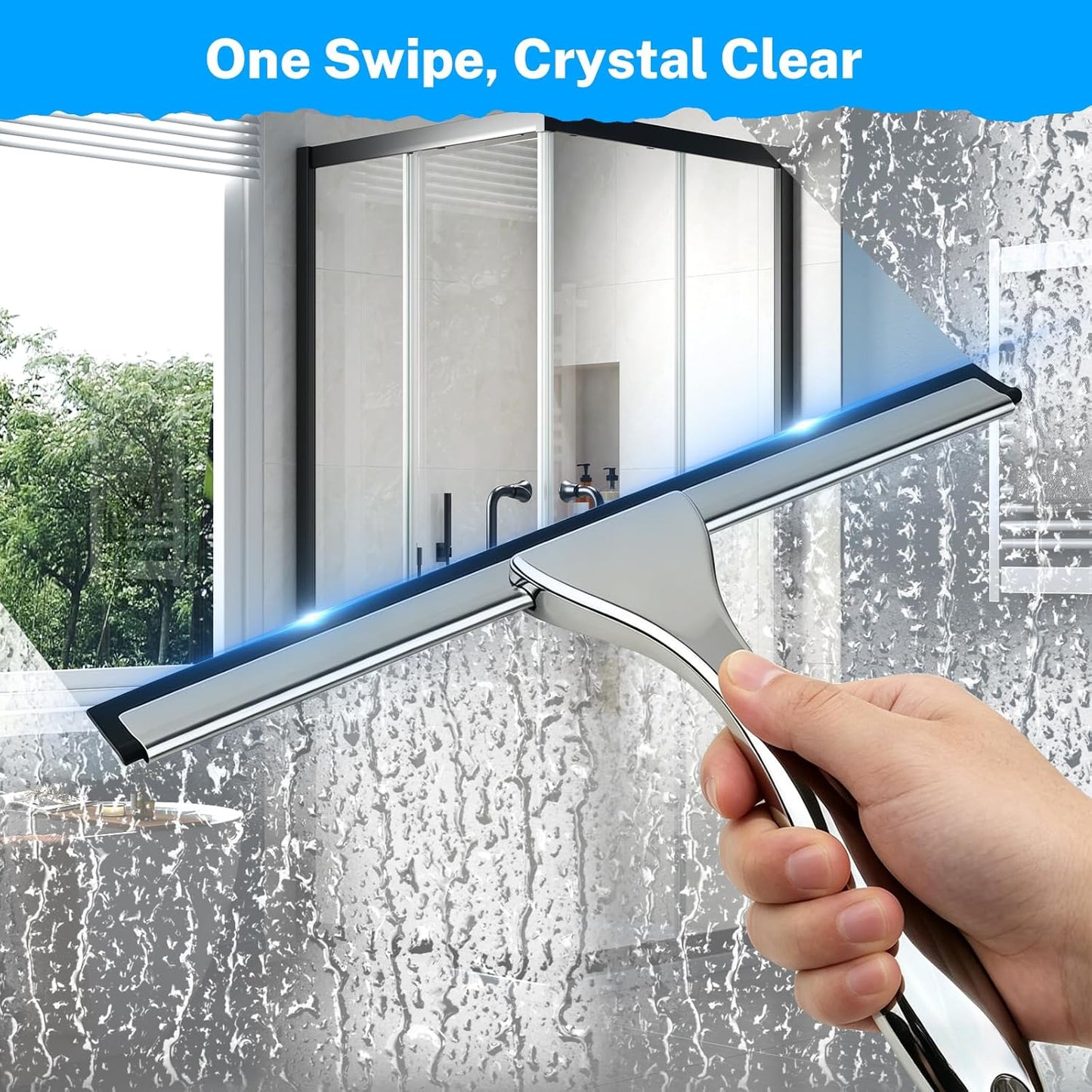 All-Purpose Stainless Steel Squeegee, 10 Inch Silver Shower Squeegee with 1 Adhesive Hooks, Streak-Free Silicone Blade for Shower Door, Window, Car, Tile Wall, Bathroom Household Cleaning Tool