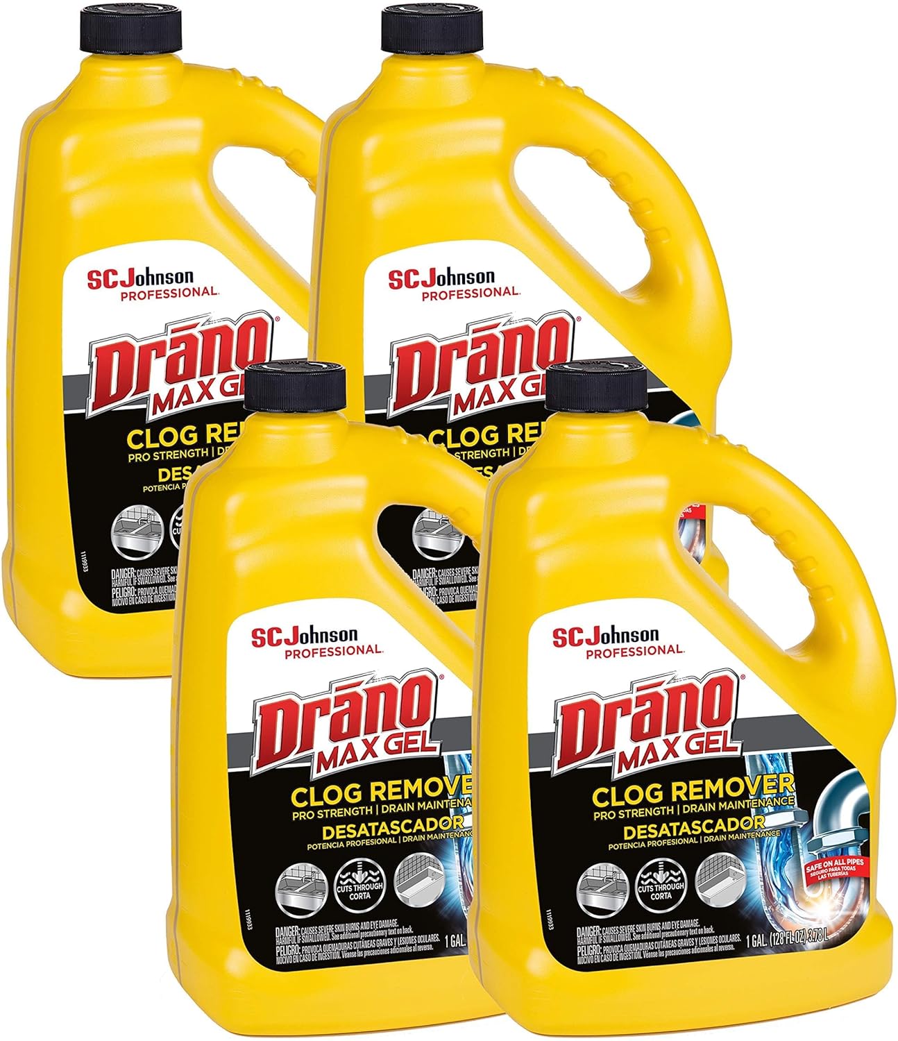 SC Johnson Professional Drano 696642 Max Gel Clog Remover, Bleach Scent, 128 oz Bottle, 4/Carton