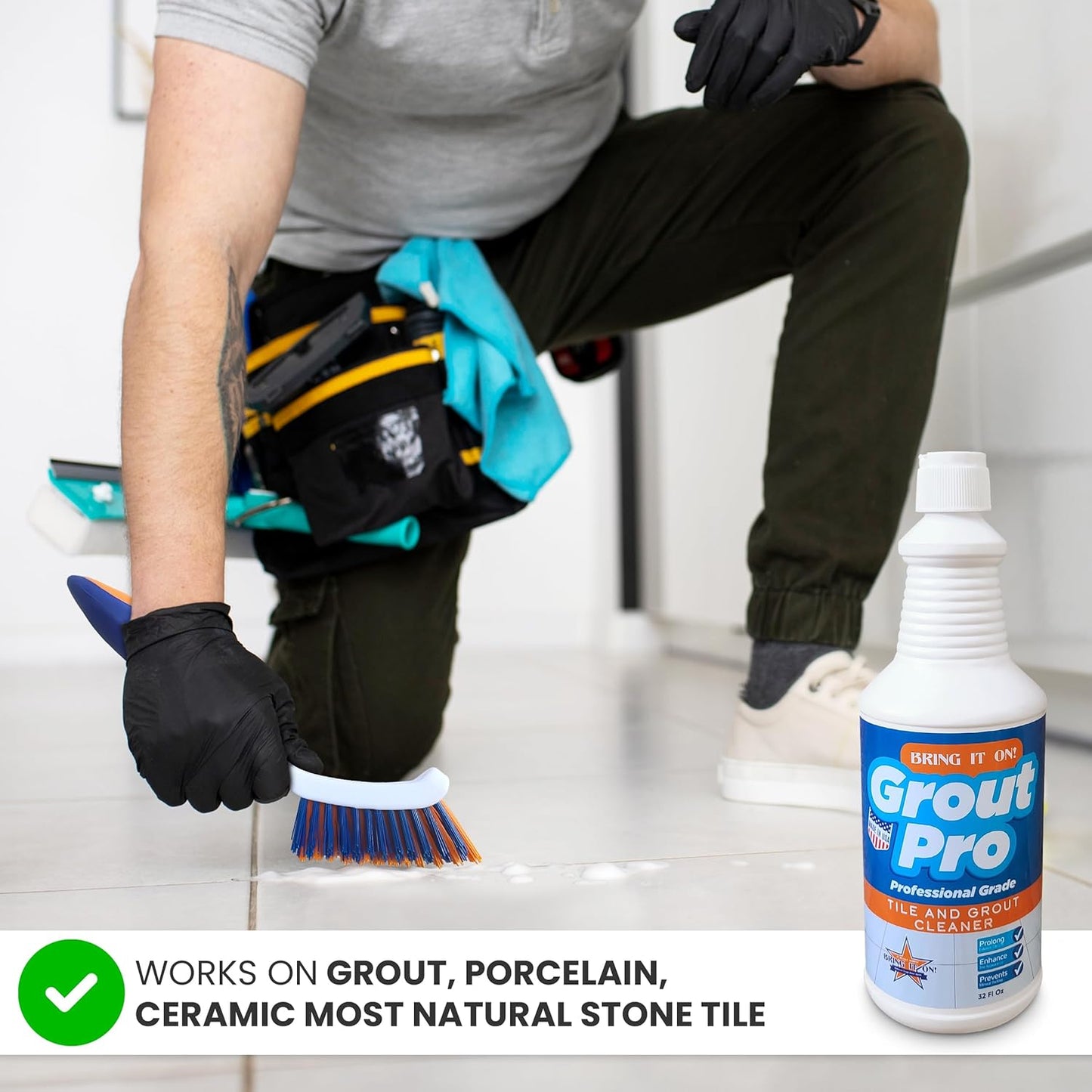 Bring It On Grout Cleaner Pro with Grout Cleaning Brush – 32Fl Oz Grout Cleaner for Shower Tile Includes 8-inch Heavy-Duty Grout and Tile Cleaner Brush – Effectively Removes Mineral Deposits
