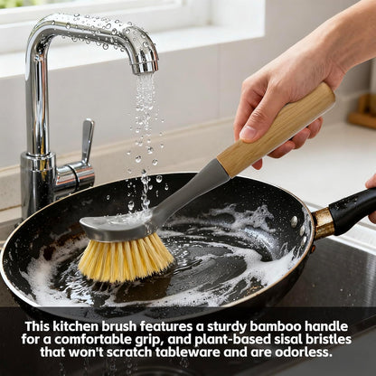 JOQINEER 2 Pack Kitchen Dish Brushes with Bamboo Handle, Dish Scrubber Built-in Scraper, Scrub Brush for Pans, Pots, Counter & Kitchen Sink Cleaning, Dishwashing and Cleaning Brush Tools