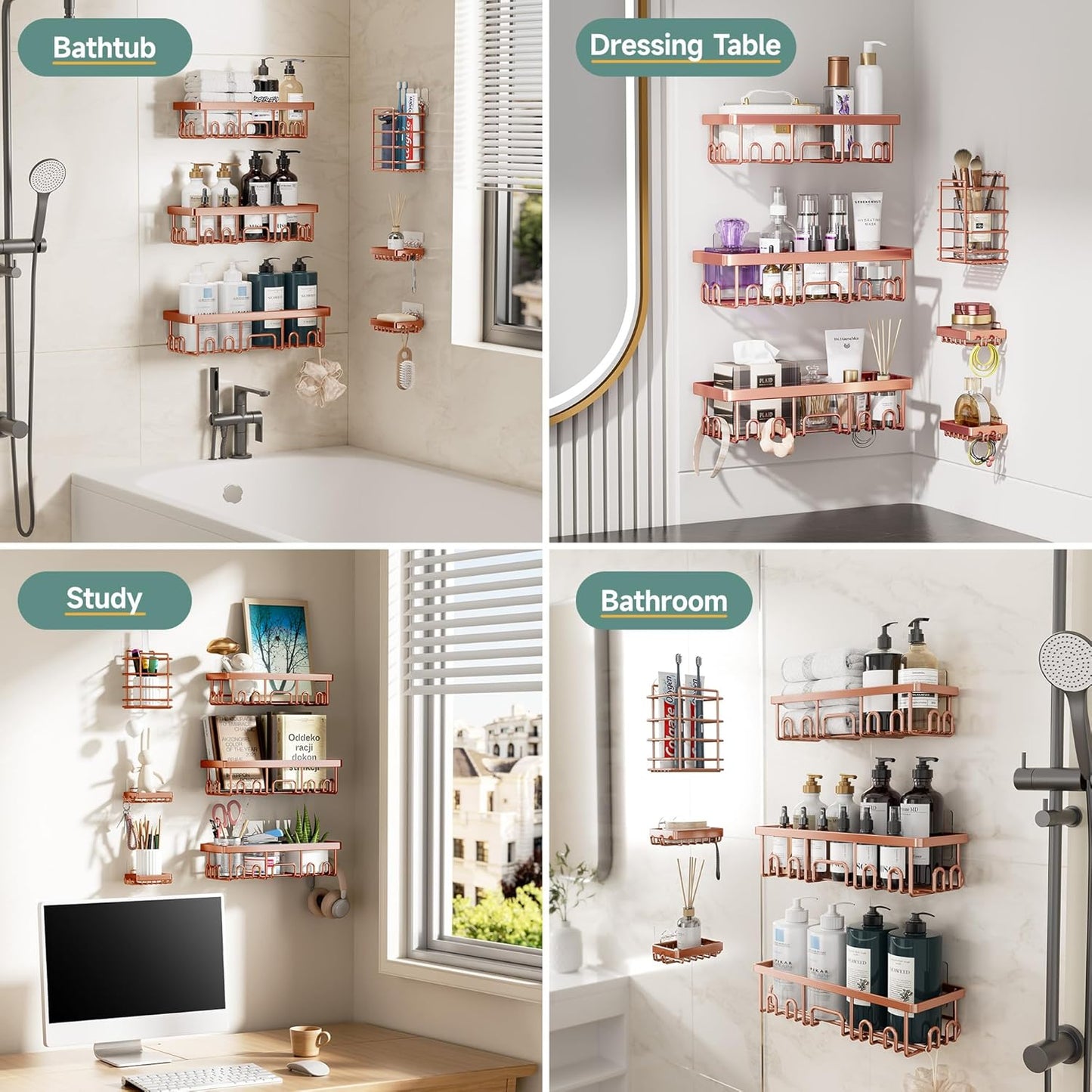 Veken Shower Caddy 6-Pack, Advanced Rustproof Design, No Drilling Adhesive Shelves, Rack with Soap Holder, Large Capacity Bathroom Organizers and Storage, Wall-Mounted, Gifts for Women Mom