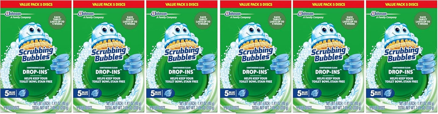 Scrubbing Bubbles Continuous Clean Toilet Drop-Ins, Automatic Blue Toilet Bowl Cleaner, Septic-Safe Tank Tablets Remove Hard Water Minerals & Limescale, Stain & Smell Protection, 5 Count (Pack of 1)