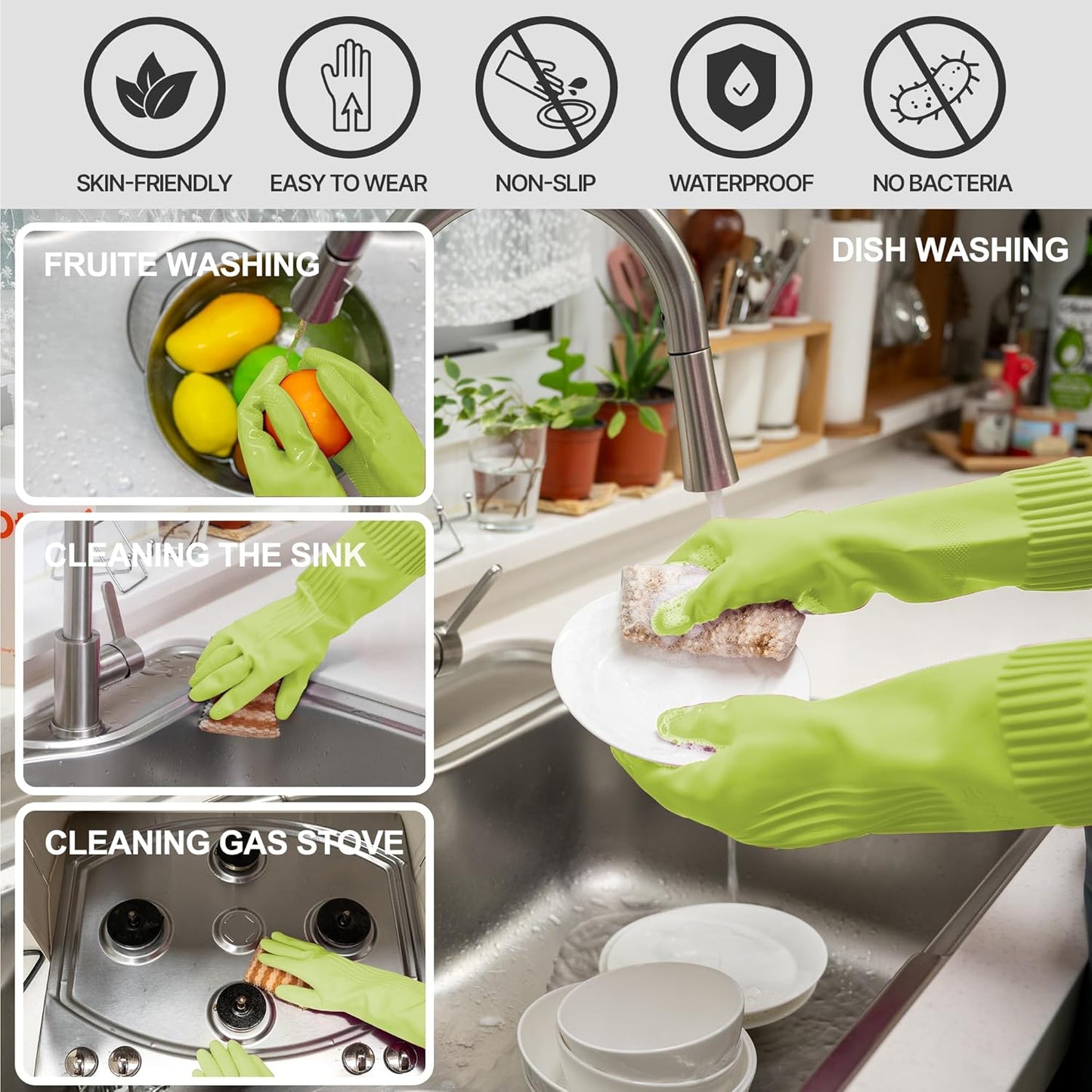 DABOGOSA Mamison 2 Pairs Reusable Waterproof Household Dishwashing Cleaning Rubber Gloves, Non-Slip Kitchen Glove (Pink, Medium (Pack of 2))